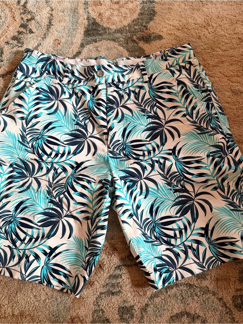 Royal & Awesome- Men's  Blue white Tropics Leaf Print short - golf- Hawaiian